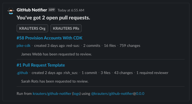 GitHub Notifier Slack Message Example